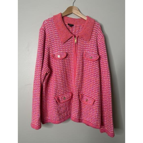 Talbots WOMENS 2X Cardigan Sweater Pink Orange Dash Stripe Collared Full Zip - Picture 2 of 9